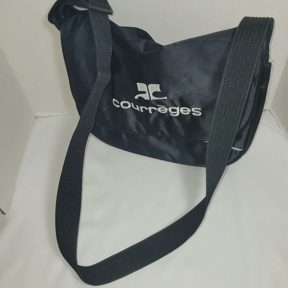 COURREGES Black Silver Logo Nylon Messenger Bag Vintage Crossbody 1990s